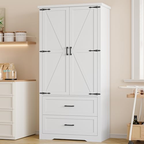 BORNOON Pantry Organizers and Storage Cabinet, 71” Barn Door White Kitchen Cabinet with Drawers and Adjustable Shelf, Tall Pantry for Kitchen, Dining Room, Living Room. Bathroom and Office - color: White, size: Double Drawers