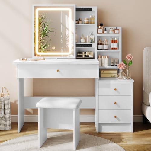 White Makeup Vanity Desk with Sliding Mirror & 4 Drawers | Smart LED Mirror, 3 Adjustable Lighting Modes, Vanity Chair, 4 Drawers, 7 Shelves, Dressing Table for Women, Girls - style: White with Slide mirror