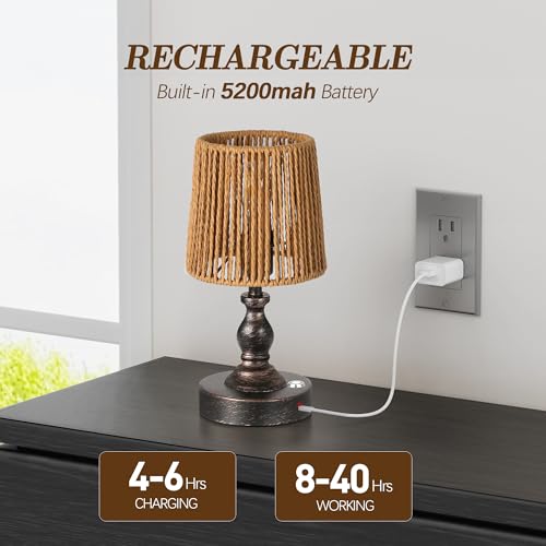 Mini Cordless LED Table Lamp, 5200mAh Rechargeable Battery Operated Lamp, 3-Level Brightness, Touch Dimmable Desk Lamp, Bedside Night Light with Rattan Shade, Oil Rubbed Bronze - color: Oil-Rubbed Bronze