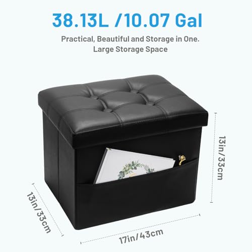 Bsketa Storage Ottoman Bench,17 Inch Folding Leather Foot Rest Stool, Black | Small Ottoman with Side Pockets, Thicker Foam Padded Seat, Livingroom, Dorm, Bedroom, Easy to install, 43L,17x13x13in - color: Black-with Side Pockets.