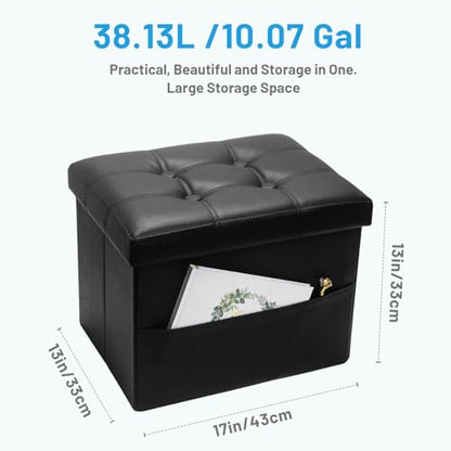 Bsketa Storage Ottoman Bench,17 Inch Folding Leather Foot Rest Stool, Black | Small Ottoman with Side Pockets, Thicker Foam Padded Seat, Livingroom, Dorm, Bedroom, Easy to install, 43L,17x13x13in - color: Black-with Side Pockets.