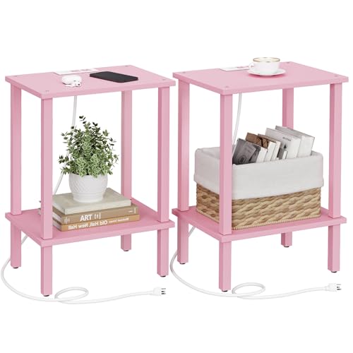 TUTOTAK End Table with Charging Station, Side Table Set of 2, Nightstand | 2-Tier Storage Shelf, Bedside Table with USB Ports, Sofa Table for Small Space, Livingroom, Bedroom Pink TB01BP041 - color: Pink