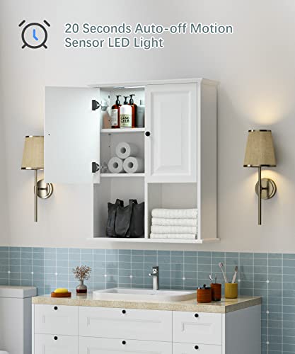 HAIOOU Bathroom Wall Cabinet with Motion Sensor Light, 23.6 Inch - White | Wooden Wall Mounted Medicine Cabinet with Adjustable Shelf, Soft Close Hinges for Over the Toilet Bathroom Storage - color: White
