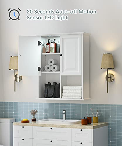 HAIOOU Bathroom Wall Cabinet with Motion Sensor Light, 23.6 Inch - White | Wooden Wall Mounted Medicine Cabinet with Adjustable Shelf, Soft Close Hinges for Over the Toilet Bathroom Storage - color: White