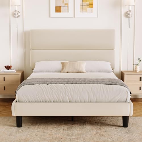 GRUSIGN Full Size Platform Bed Frame with Velvet Headboard, Adjustable Height Wooden Slats Support, Upholstered Mattress Foundation, Fits Mattress or Mattress with Box Spring, Easy Assembly, Beige - color: Beige, size: Full