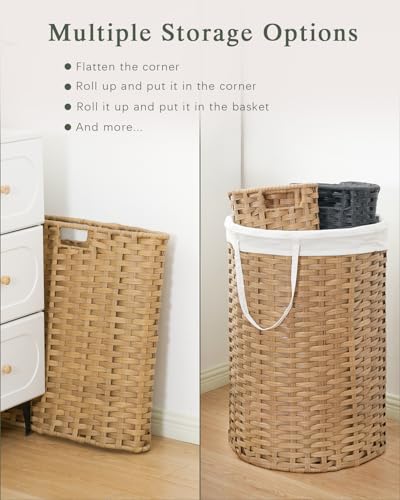 SETVSON Laundry Hamper with Lid 23.8 Gal (90 L) PE Rattan, Natural | 90L 23.8 Gal Round PE Rattan Hamper with Lid, Removable Washable Liner Bag, 2 Mesh Wash Bags, Steel Frame, Handles - color: Natural, size: 90 L