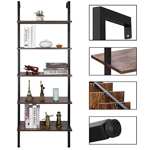 ZenStyle 5-Shelf Wood Ladder Bookcase, Industrial Wall Mount Ladder Bookshelf with Black Metal Frame, Vintage Brown/Black
