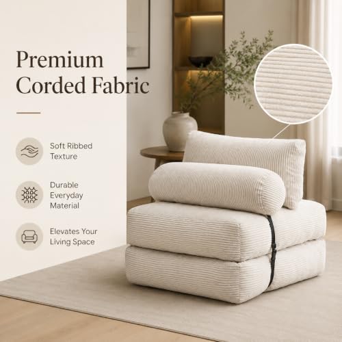 Beige Convertible Sofa Bed Folding Sofa Bed Sleeper Chair Couch Beds, Comfy Floor Beds with Pillow and Back Support, Small Couch for Bedroom, Living Room Bedroom - color: White