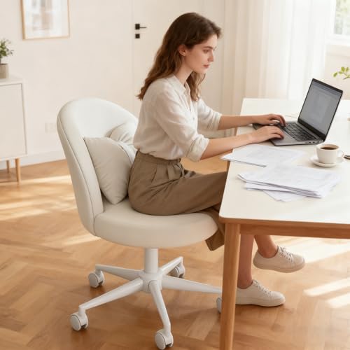 Desk Chair with Soft Cushion, Adjustable Height Armless Office Chair Upholstered Makeup Vanity Chair, Swivel Accent Chair for Living Room, Bedroom, Study, Home Office - color: Cream