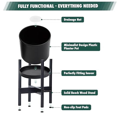 D'vine Dev Plastic Pot with Ebony Wood Stand, Black, 12 in, 55-C-Q-2 | Mid-Century Inspired Design, Elevated Plant Display, Clean Lines, Sturdy Support, Modern Space-Saving Style - color: Matte Black Pot + Ebony Stand, size: 12 Inch