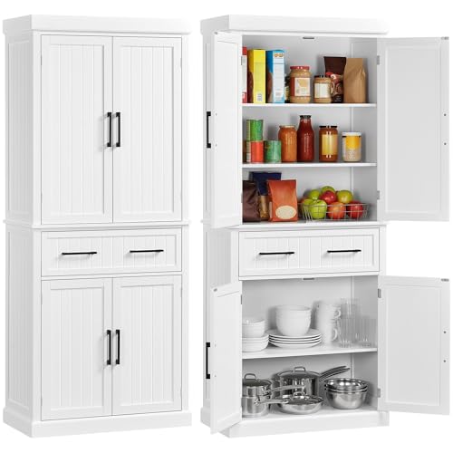 Yaheetech 72.5" H Freestanding 4-Door Kitchen Storage Cabinet,White | Stand up pantry with adjustable shelves and wide drawer in an engineered wood body for kitchen/Living Room