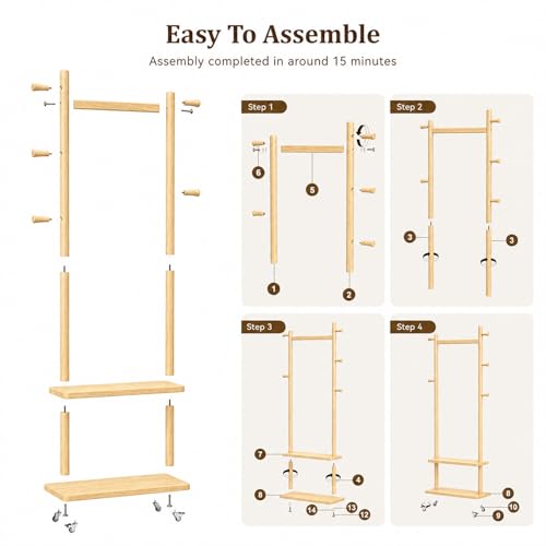 Coat Rack Freestanding Solid Wood Clothes Rack with Wheels | Space Saving, Stable 5 Hooks 2 Shelves Coat Tree, Silent 360 Degree Wheels, Heavy Duty 150 lb Capacity for Entryway Bedroom - color: Natural Wood, size: L: 23.6" x W: 11.8" x H: 70.9" (With Whee