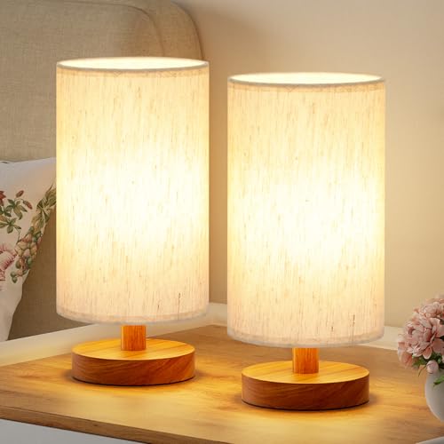 Desk Small Lamps Set of 2 (Cream Shade - Walnut Base, 9" Inline Control) | Two 3000K LED Blubs Included | 680 Lumens | Easy Assembly | Minimalist Design | E26 | for Kitchen | for Kids Room - color: Cream Shade - Walnut Base set of 2