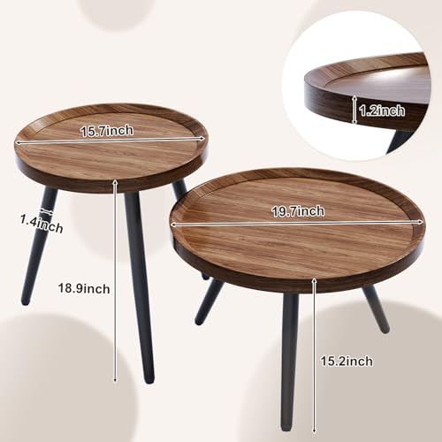 2 PCS Small Round Coffee Table Set, Mid Century Modern Coffee Tables for Living Room, Walnut Nesting Tables for Small Spaces, Easy Assembly Circle Wood Center Table,Black Side/End Table Set of 2,Brown