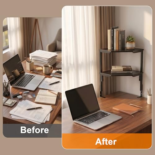 2-Tier Clamp on Desk Shelf Adjustable Desktop Storage Desk Rack | Wood Clamp on Desk Organizer Shelf, Floating Corner Shelf for Desk Accessories and Gaming Devices