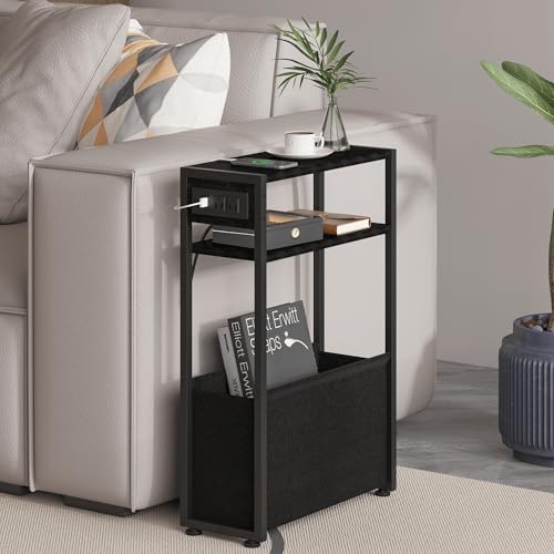Leomonio Black Side Table with Charging Station, Slim End Tables with Fabric Basket, Skinny Table for Small Spaces, Thin Bedside Table for Living Room, Bedroom - color: Black - Outlet