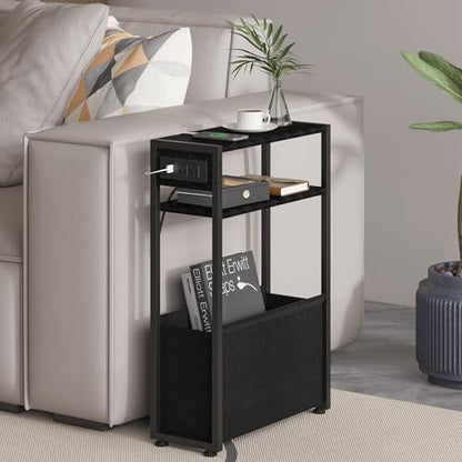Leomonio Black Side Table with Charging Station, Slim End Tables with Fabric Basket, Skinny Table for Small Spaces, Thin Bedside Table for Living Room, Bedroom - color: Black - Outlet