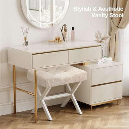 18-Inch Large Vanity Stool Chair, Beige Makeup Stool | Vanity Bench, Metal X-Legs, 350 LBS, 20"x16.9"x18", Ottoman Accent Stool, Breathable Soft Boucle Fabric Saddle Seat - size: Large, style: Beige Fabric
