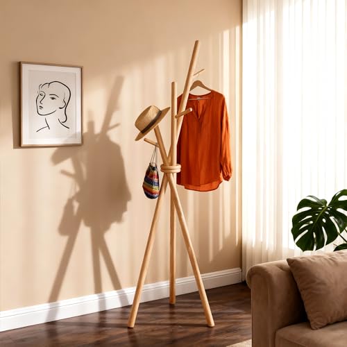 VICITON Wooden Coat Rack, Tripod Coat Tree Freestanding with 3 Hooks for Clothes, Hats and Handbags, Coat Hanger Stand for Bedroom, Living Room, Entryway (Light) - color: Light