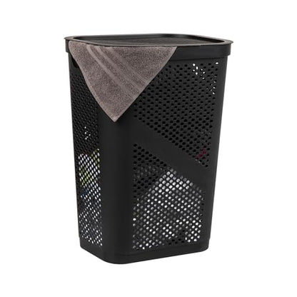 Mind Reader Slim Laundry Hamper with Lid, 60L Clothes Basket, Ventilated Plastic, Black - color: Black, size: Single