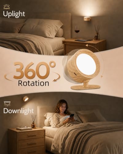 LED Wall Mounted Lights, Rechargeable Wall Sconces, 3 Color Temps, Remote & Touch, 360° Rotating and Dimmable for Bedroom, Bedside & Reading (Wood, 2 Pack) - color: Wood