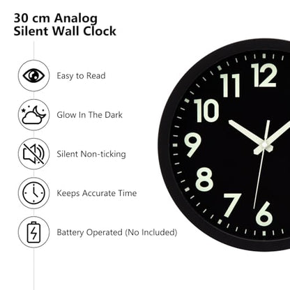 Glow in the Dark Wall Clock with Silent Lumious Night Light 12 in | Wall Clock Battery Operated, Lighted up, Easy to Read, Large Display,Analog Clock, for Bedroom Kitchen Living Room - color: All-black