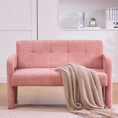 46.8" Modern Compact Loveseat, Chenille Upholstered Sofa with Dual Armrests - Small Two-Seater Lounge Couch for Small Spaces, Living Rooms, Bedrooms (Pink) - color: Pink