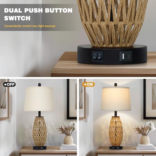 CINSARY 27" Boho Rattan Table Lamp with Night Light, Wicker Bedside Lamp with USB A+C Charging Port, Woven Coastal Bedroom Lamps for Nightstand, Tall Farmhouse Lamps for Living Room Single - color: Rattan-1P