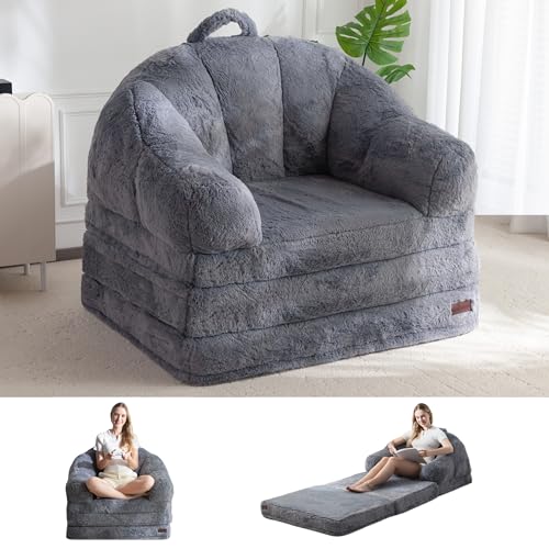 MAXYOYO Folding Sofa Bed, 2 in 1 Convertible Sofa to Lounger | Comfy Single Bean Bag Chair for Adults, Floor Couch with Handle, Faux Fur Couch Bed for Living Room Bedroom, Grey - color: Grey, size: Single