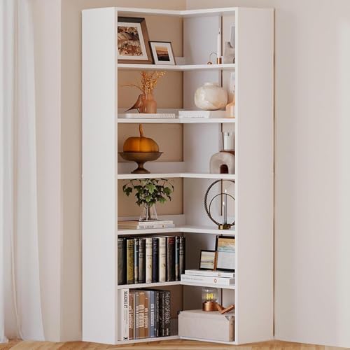 Corner Bookshelf, Freestanding L Shaped Display Shelf, 6 Tiers Bookcase with Baffles, Wooden Bookcase with Storage Organizer for Home Office, Living Room, Bedroom (23.6") - size: 23"