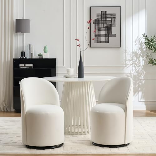 KEIKI Swivel Barrel Dining Chair, Velvet Upholstered Vanity Chair, Cream | Mid Century Modern Style, Round Armless Design, Curved Back Support, Small Space Seating, Dining, Vanity Or Accent Use - color: Cream