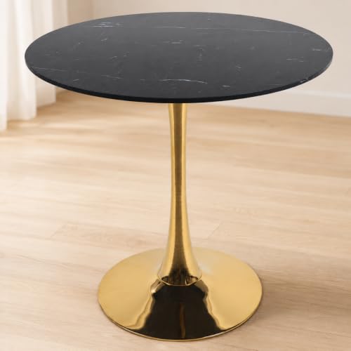 31.5" Small Round Dining Table, Black Marble-Look Top, Gold Tulip Base | 31.5-inch MDF table for 2-4 compact chairs, suited to kitchens, apartments, breakfast nooks, and small dining rooms - color: Black and Golden