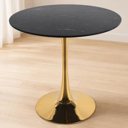 31.5" Small Round Dining Table, Black Marble-Look Top, Gold Tulip Base | 31.5-inch MDF table for 2-4 compact chairs, suited to kitchens, apartments, breakfast nooks, and small dining rooms - color: Black and Golden