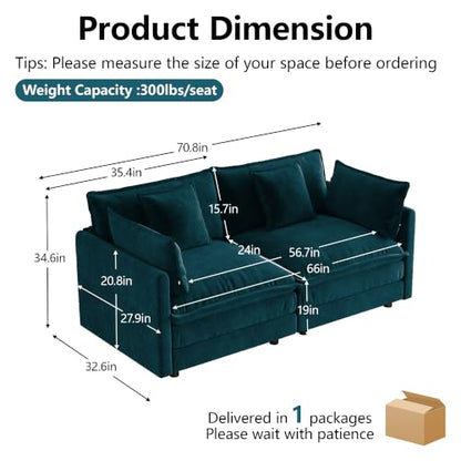 70.8 Inch Modular Sectional Cloud Sofa, 2-Seat Chenille Blue | Chenille Deep Seat Sofa with Pillow for Living Room, Bedroom and Apartment - color: Blue, size: 70.8Inch