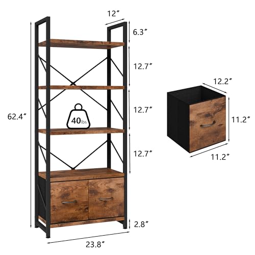 Shintenchi 5 Tier Bookshelf with Drawers, Display Standing Shelf Units, Wood and Metal Bookshelves Storage Organizer, Bookcase for Home Office Bedroom, Kitchen, Living Room, Rustic Brown - size: 23.8'' W x 12'' D x 62.4'' H-2 Drawers