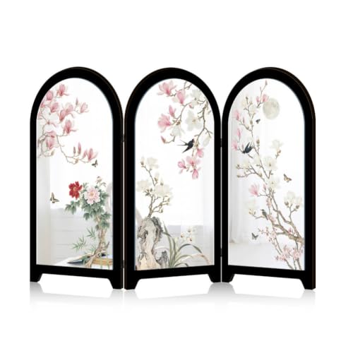 Mini Folding Screen, 3 Panel Divider, Chinese Style Vintage Desktop Mirror Privacy Shield Tabletop Feng Shui Ornaments for Home Office Decoration - color: D