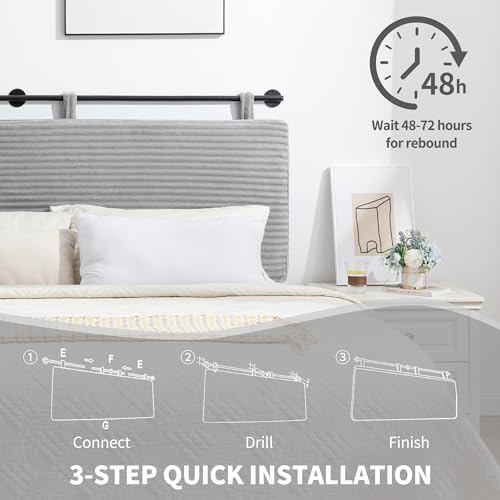 Queen Headboard Only, Wall Mounted Hanging Upholstered Bed Head Board | Modern Vertical Channel Design of Fine Flannel, Elegant Grey Fluted Headboard for Bedroom (Grey, Queen Size) - color: Flannel/Light Grey, size: Queen