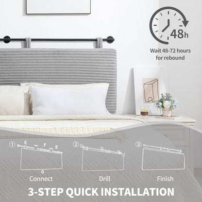 Queen Headboard Only, Wall Mounted Hanging Upholstered Bed Head Board | Modern Vertical Channel Design of Fine Flannel, Elegant Grey Fluted Headboard for Bedroom (Grey, Queen Size) - color: Flannel/Light Grey, size: Queen
