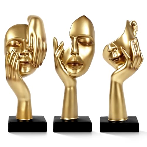3 Pcs Thinker Statue,Modern Home Sculptures,Figurine for Bookshelf | Resin Modern Aesthetic Ornament for Home Office Bookshelf Desktop Living Room Coffee Table Decor(Gold) - color: Golden