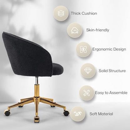 Faux Fur Makeup Vanity Chair,Home Office Desk Chair with Wheels, Blue | Fluffy Swivel Modern Armchair Upholstered Fuzzy Height Adjustable for Teens Women Girls Elegant for Living Room Bedroom - color: Round Black+golden Base