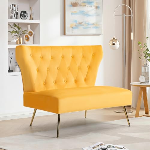 ZJhome Small Velvet Sofa, Soft Upholstered 40’’ Armless Loveseat Couch with High Density Foam, Modern Tufted Cushion with Gold Legs for Bedroom, Dorm, Apartment, Girls, Teens, Easy Assembly,Yellow - color: Yellow, size: 40‘’ button