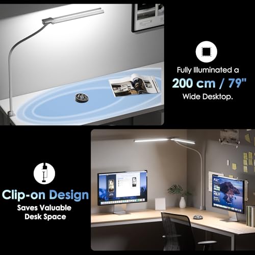 EYOCEAN Desk Lamp with Clamp, 31.5" LED Desk Lamp for Home Office, 24W Double Head Desk Light, Dimmable & Color Temperature, Table Lamp with Remote Control, Brightest Computer Monitor Light - color: White