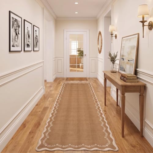 GarveeHome 2.5x10 Scalloped Washable Runner Rug Long Hallway Kitchen Rug | Soft Brown Hall Runner Non Slip Entryway Rug Farmhouse Thin Laundry Mat Stain Resistant Carpet for Bathroom Beside Rug - color: Brown, size: 2'6" x 10' (Rectangular)