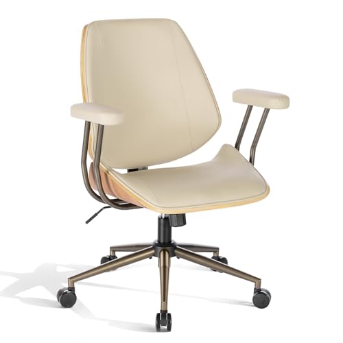 Modern Mid Back Office Chair, Adjustable Swivel Desk Chair with Arms, Beige | Faux leather seat, wood accent detail, mid-back with padded armrests, adjustable swivel, for home office, bedroom & study - color: Beige, size: 1-Piece Back / No Headrest