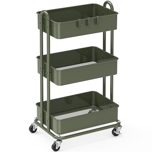 Simple Houseware 3-Tier Heavy Duty Metal Utility Rolling Cart, Army Green - color: Army Green
