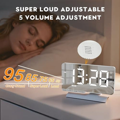 Digital Clock,Alarm Clock Bedside,7.3'' Large LED Mirror with Date Display,Dual Alarm with 3 Mode,Brightnee Adjust,DST,Snooze Function,USB C Charging Port,5 Levels Volume for Desk Bedroom Teens - color: White
