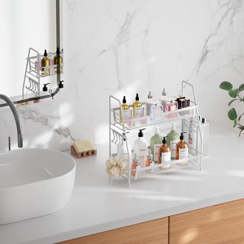 2 Tier Bathroom Countertop Organizer, Vanity Storage Shelf, Small, White | Bathroom Counter Organizer, Vanity Makeup Tray Shelf, Kitchen Spice Rack, Metal Wire Mesh, with Basket Hooks - color: Small White Wire Mesh