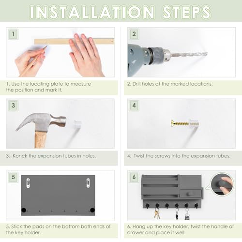VIS'V Key Holder Wall Mount, Wooden Mail and Key Organizer, Gray | Contains Little Drawer, Small Shelf, 2 Slots, 6 Hooks, for Entryway, Hallway, Doorway, Kitchen, Garage, RV - color: Gray