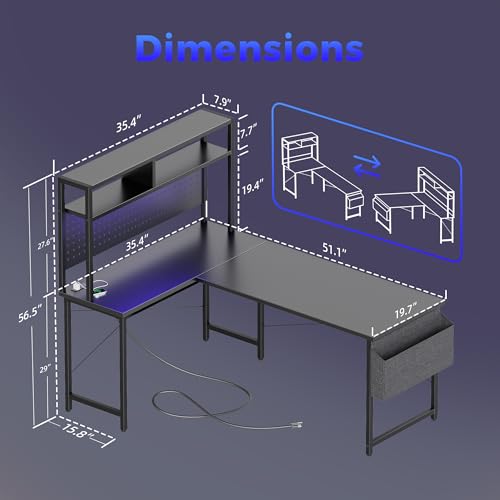 51 in L Shaped Desk with Pegboard, Reversible Corner Gaming Desk | Large Computer Desk with Hutch, Power Outlets, LED Light & Storage Bag, Office Table for Home Bedroom Study Work Writing - color: Black, size: 51 inch