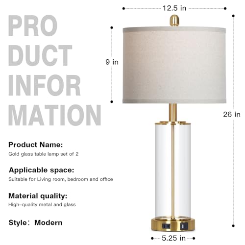 26" Gold Glass Table Lamps Set of 2, 3-Way Dimmable Touch Control Living Room Lamp with USB C+A Ports & AC Outlet, Modern Bedside Lamps, Elegant Bedroom Lamps for Nightstand Side End Table Desk - color: Gold